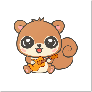 Adorable Squirrel Playing Acoustic Guitar Cartoon Posters and Art